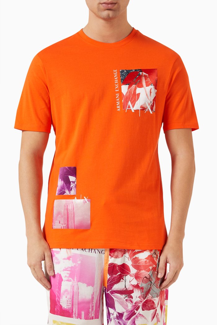 

Short Sleeved Floral Print T-shirt in Cotton Jersey, Orange