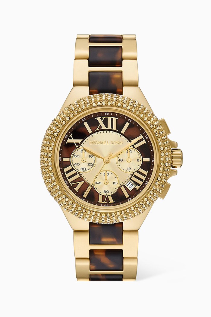 

Oversized Camille Quartz Chronograph Pavé Stainless Steel Acetate Watch, 43mm, Gold
