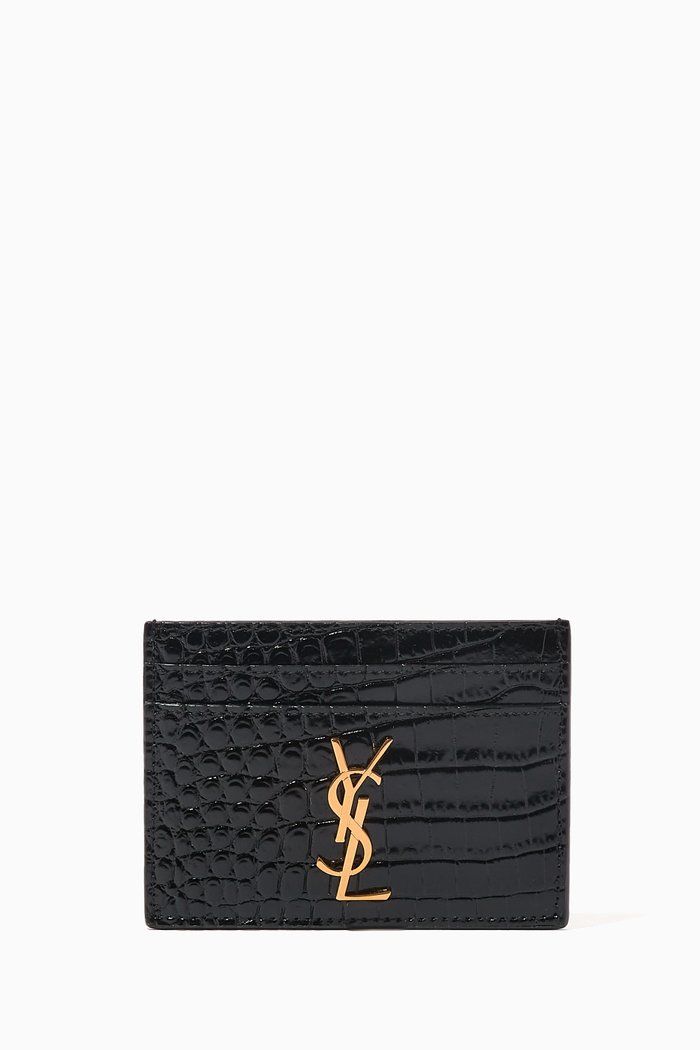 Cassandre Card Case in Croc-embossed Leather, Black