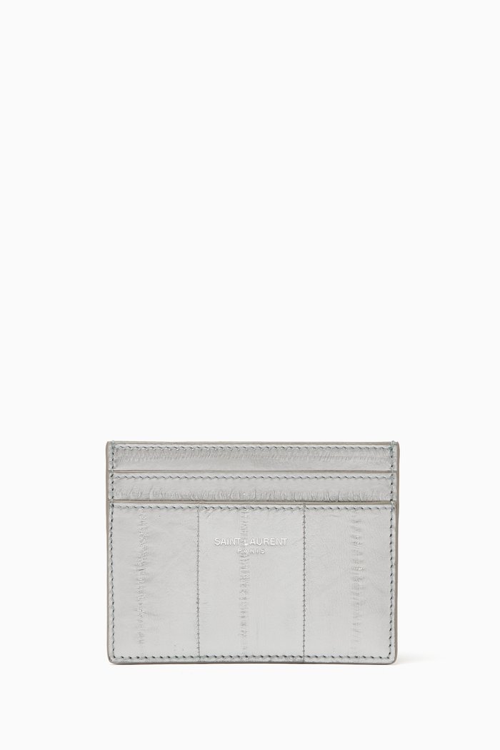 

Saint Laurent Paris Credit Card Holder in Textured Leather, Silver