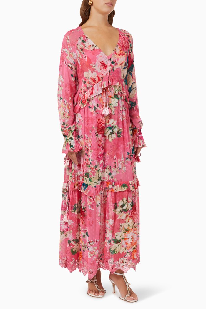 

Floral-print Tiered Kaftan, Pink