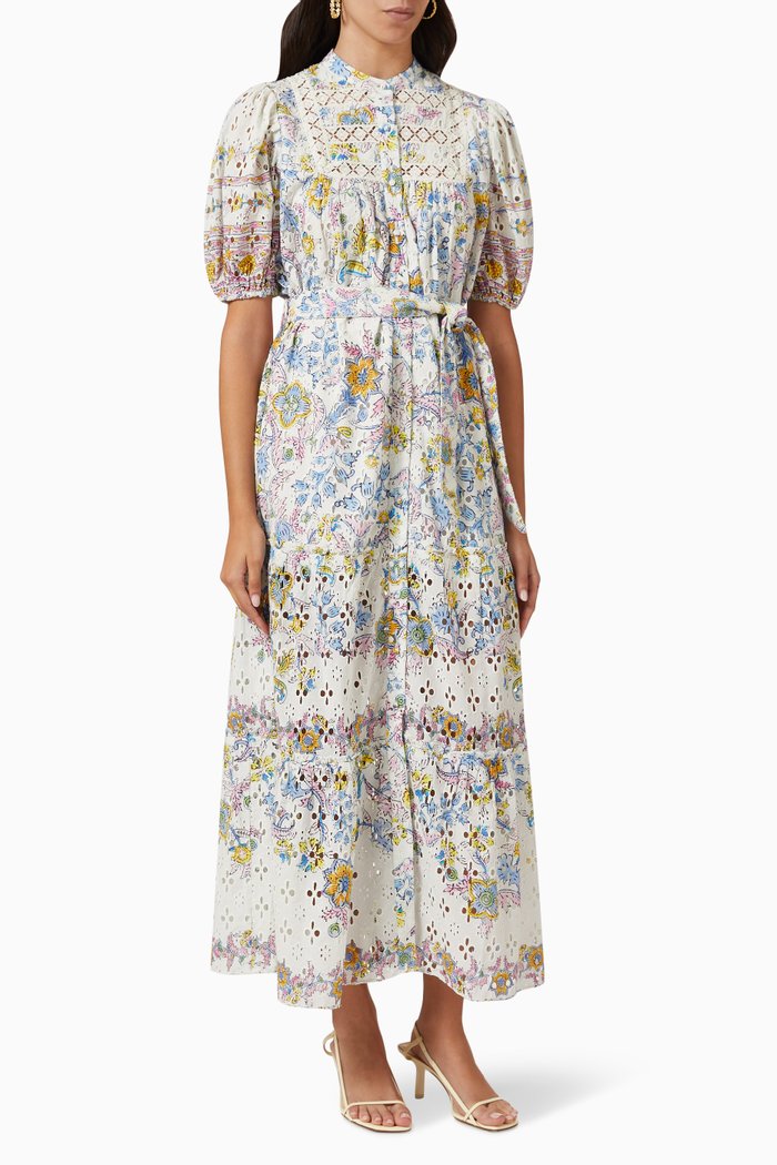 

Vana Tie-up Maxi Dress in Cotton Schiffli, Neutral