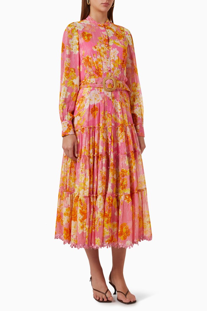 

Auril Belted Midi Dress in Viscose-georgette, Pink