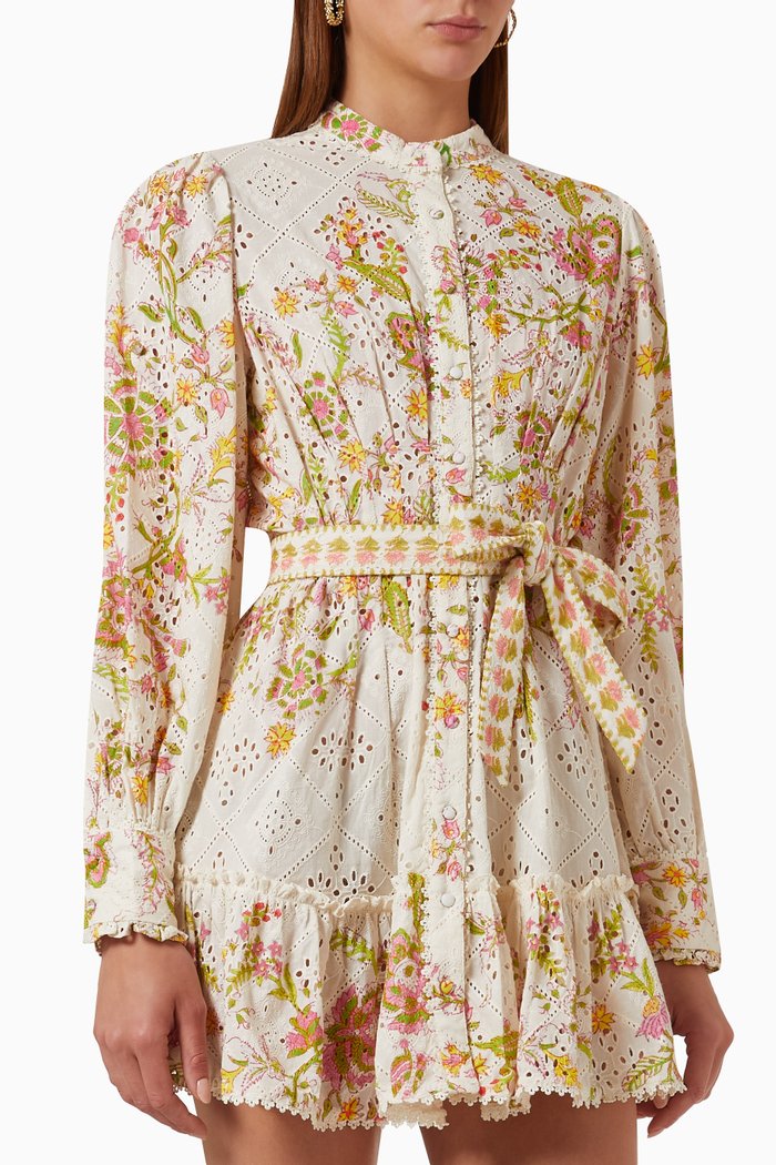 

Floral Belted Mini Dress in Cotton, White