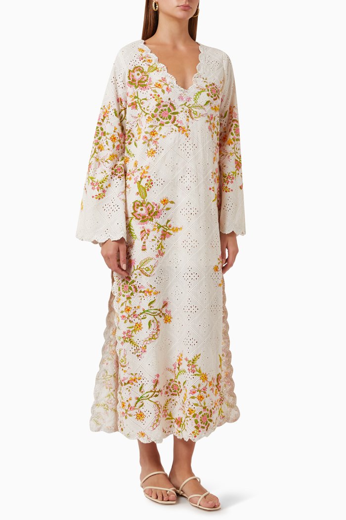 

Floral Print Crochet Kaftan in Cotton, White
