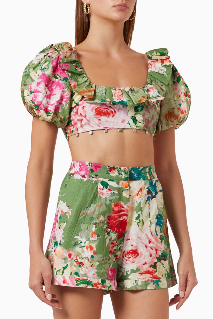 

Floral Print Ruffle Crop Top in Cotton-poplin, Green