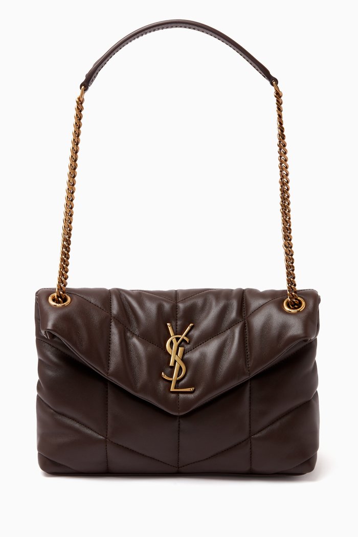 

Small Puffer Quilted Chain Shoulder Bag in Lambskin Leather, Brown