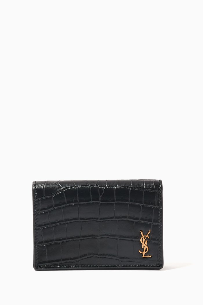 

Tiny Cassandre Business Card Case in Crocodile Embossed Leather, Black