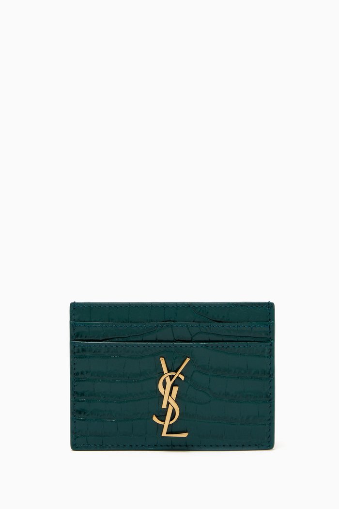 Cassandre Card Case in Croc-embossed Leather, Green