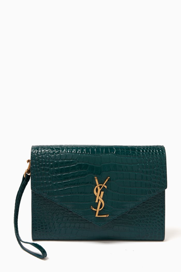 

Cassandra Flap Pouch in Croc-embossed Leather, Green