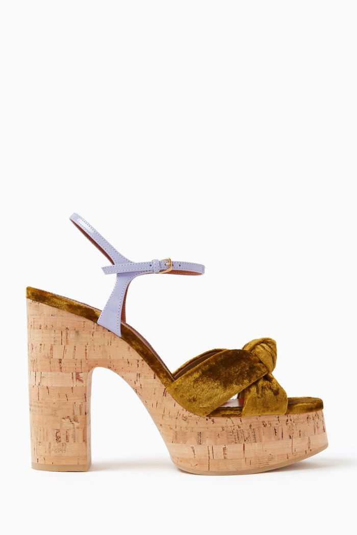 

Bianca Knot 85 Platform Sandals in Velvet & Leather, Gold
