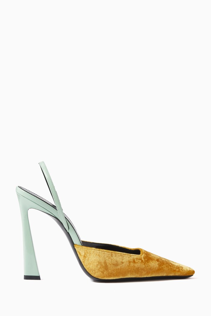 

Blade 105 Slingback Pumps in Silk Velvet & Patent Leather, Brown