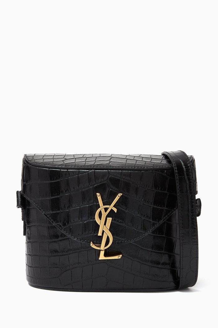 

June Box Bag in Croc-embossed Leather, Black