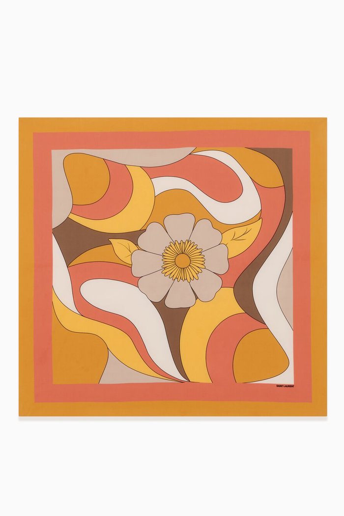 

70's Floral Square Bandana in Silk Crepe, Orange