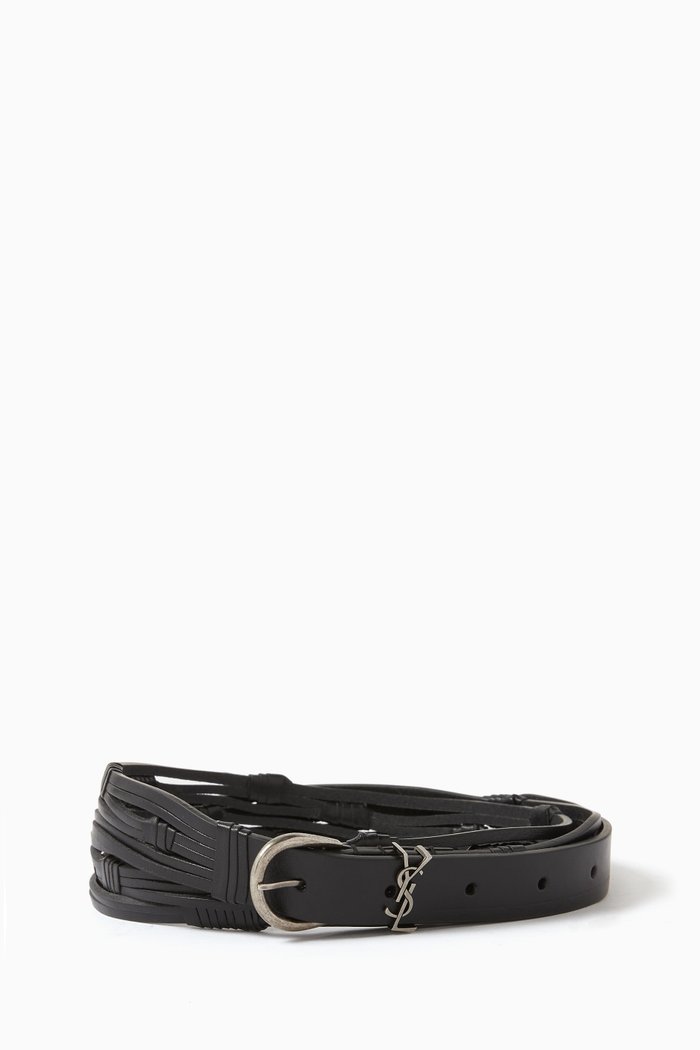 Round Buckle Braided Belt in Leather, Black