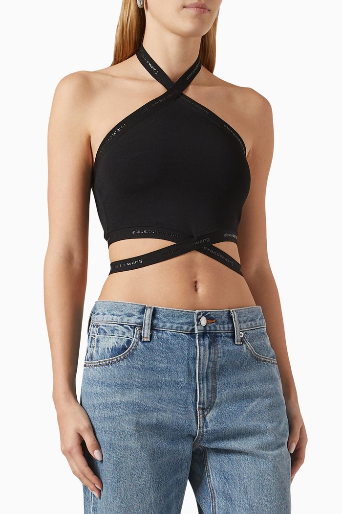 

Halterneck Crossed Logo Top in Cotton, Black