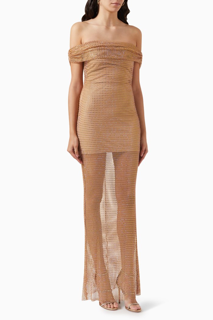 

Off-shoulder Maxi Dress in Rhinestone Fishnet, Neutral