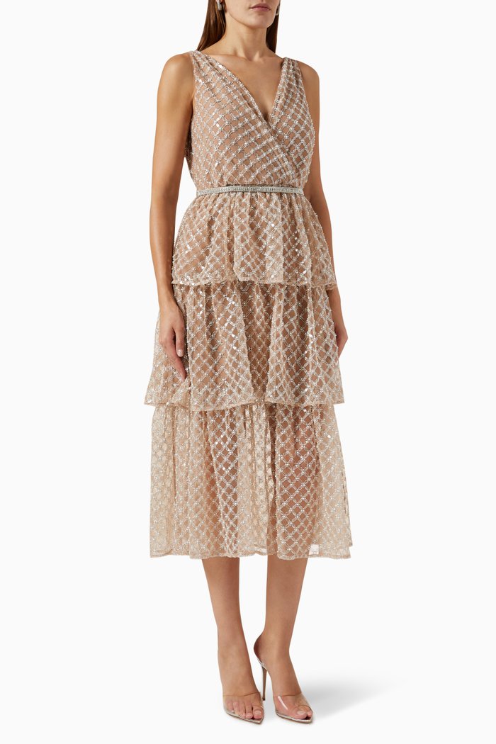 

Grid Sequin-embellished Tiered Midi Dress in Mesh, Neutral
