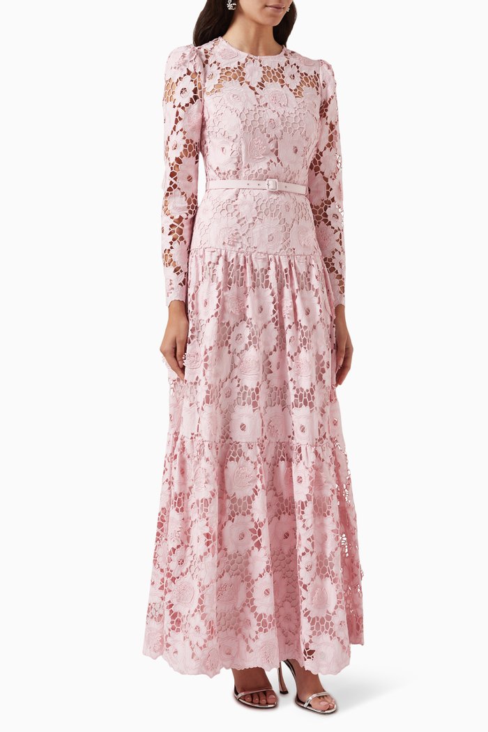 

3D Lace Maxi Dress in Cotton, Pink