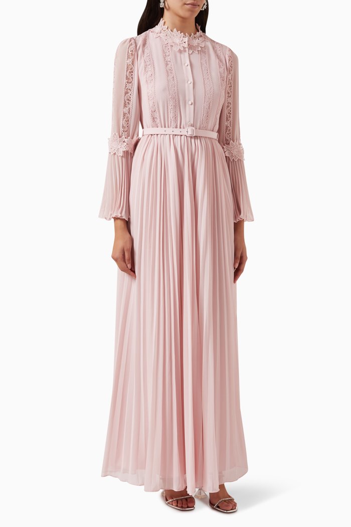 

Lace Pleated Maxi Dress in Chiffon, Pink