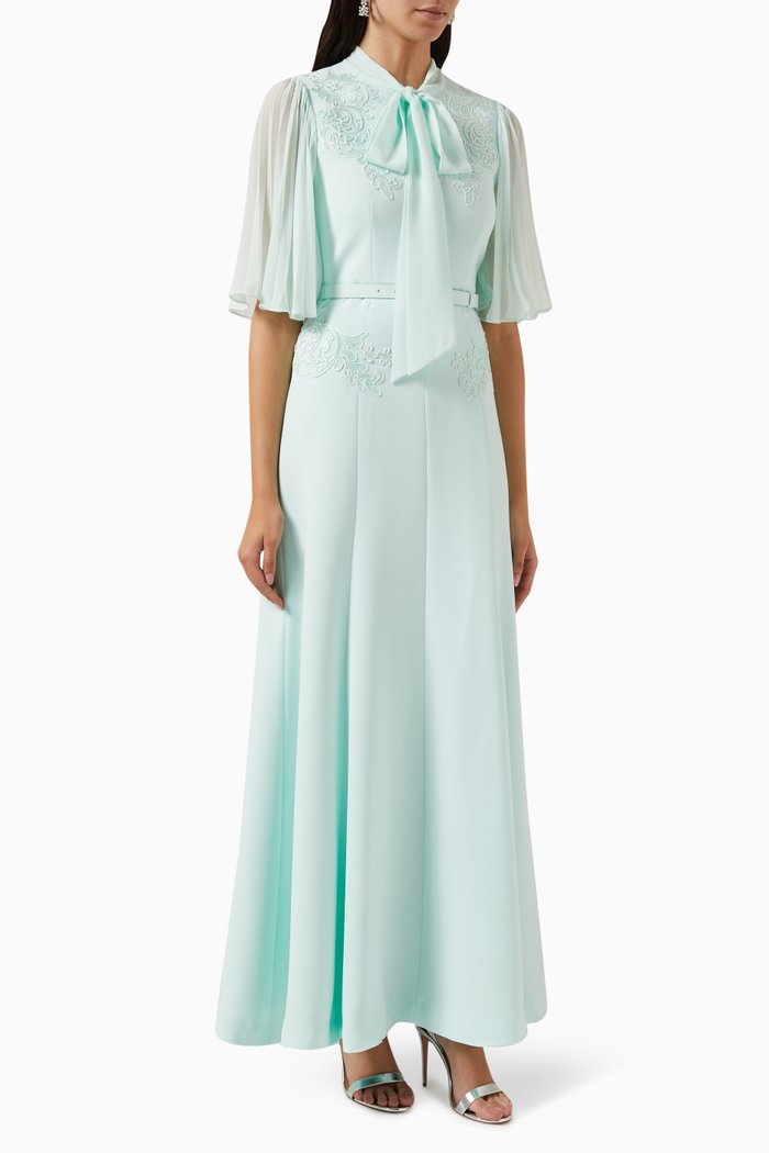 

Bow Neck Maxi Dress in Chiffon Crêpe, Green