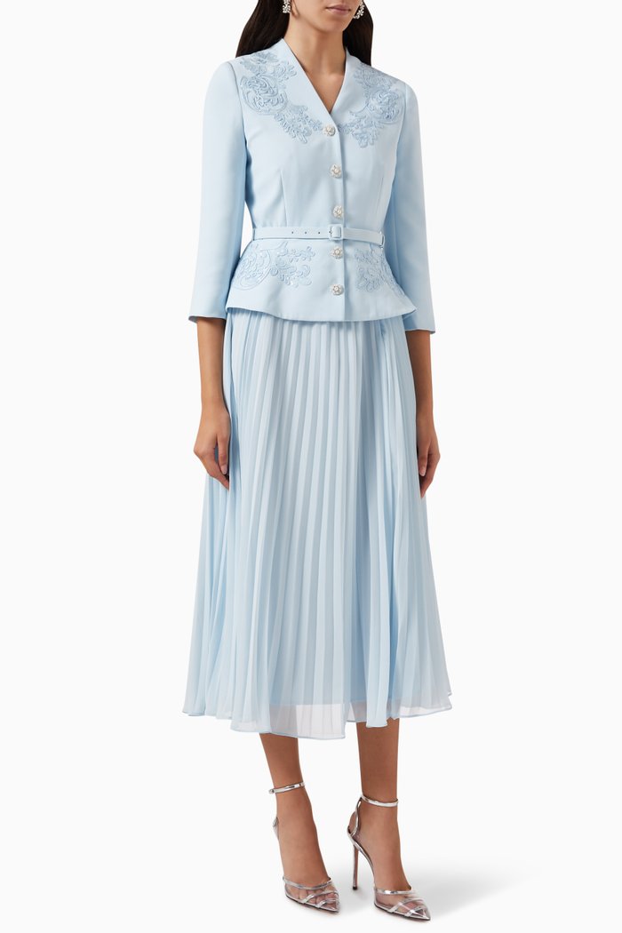 

Pleated Lace Midi Dress in Chiffon Crêpe, Blue