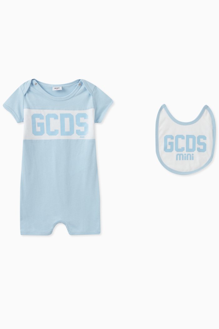 

Logo Print Romper and Bib, Set of Two, Blue