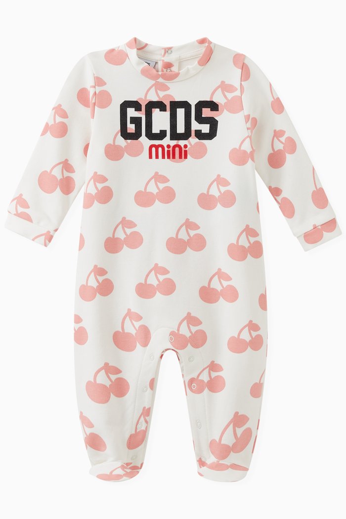 

Logo and Cherry Print Sleepsuit in Cotton, Pink