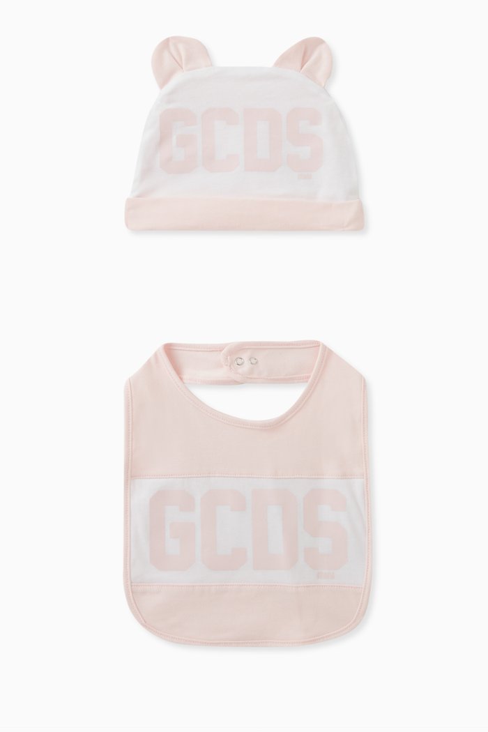 

Logo Print Hat & Bib Set, Pink