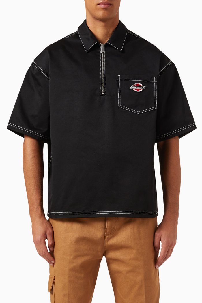 

White Stitch Zipped Shirt in Cotton, Black