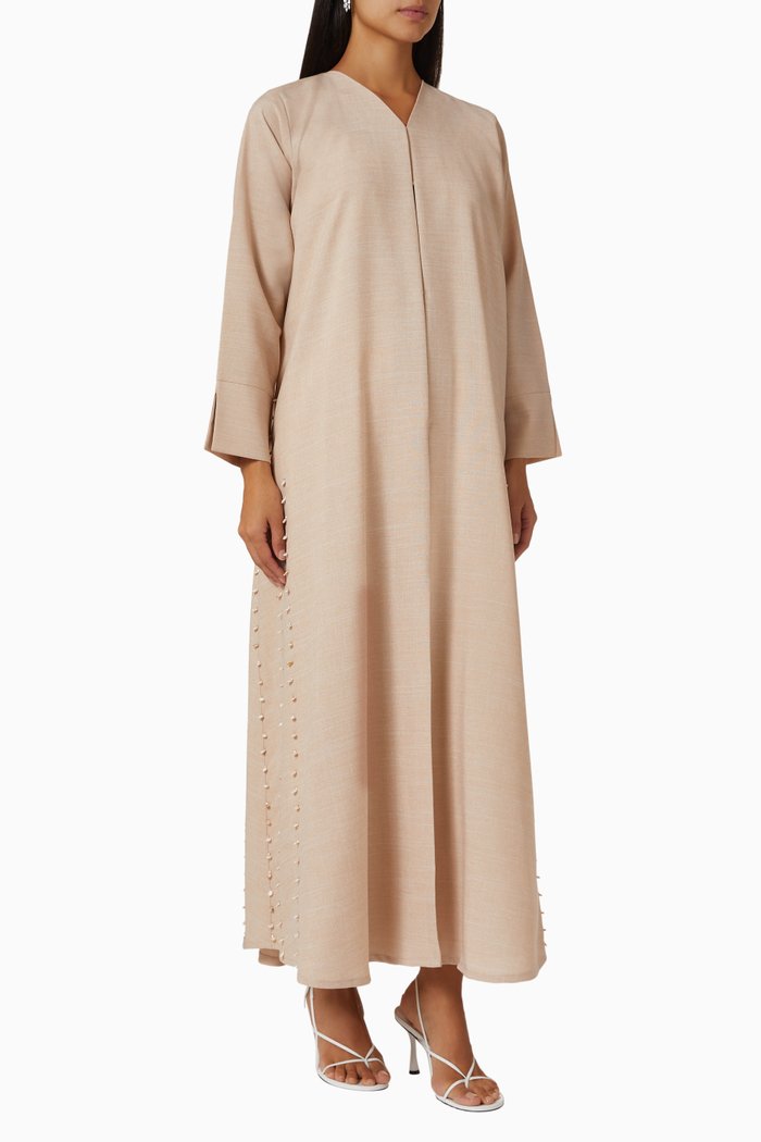 

Bead Embellished Abaya in Linen, Neutral