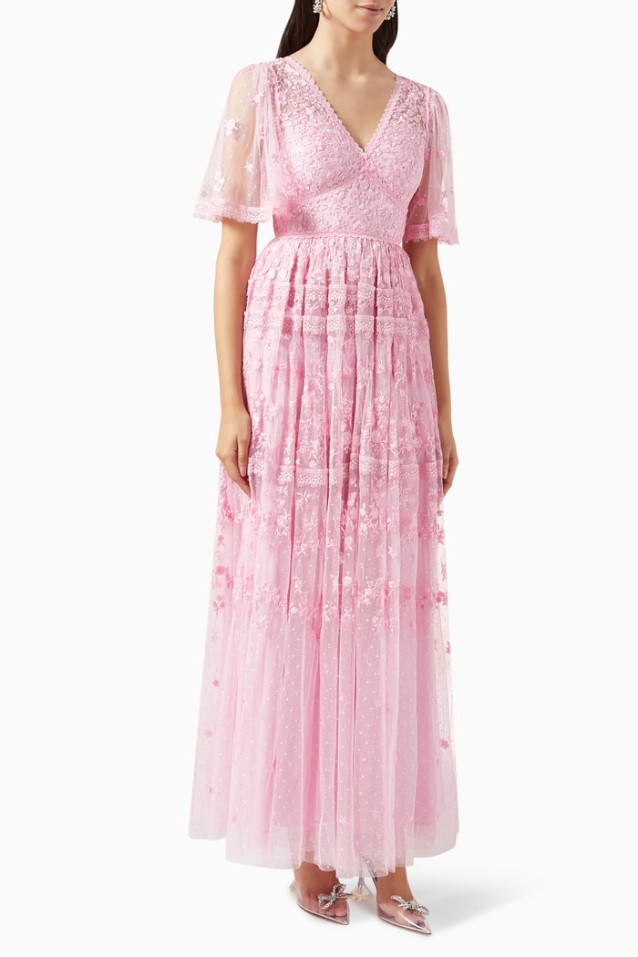 

Sweetheart Ruffled Gown in Lace & Tulle, Pink