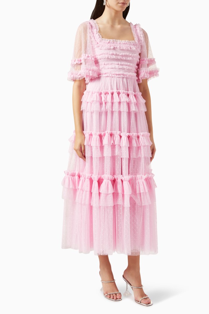 

Peaches Smocked Ankle-length Gown in Tulle, Pink