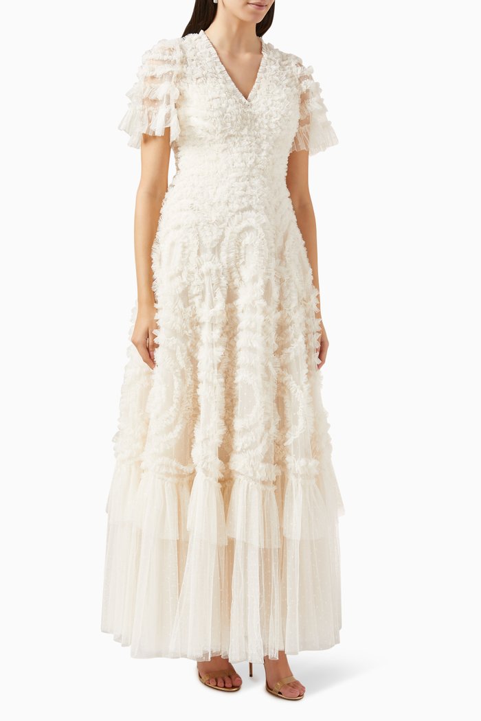 Verity Ruffled Gown in Recycled Tulle, Neutral