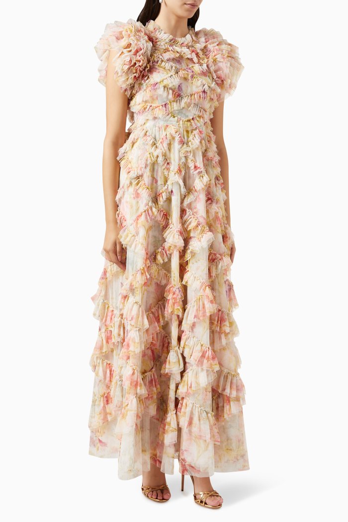 

Iris Genevieve Floral-print Gown in Tulle, Neutral