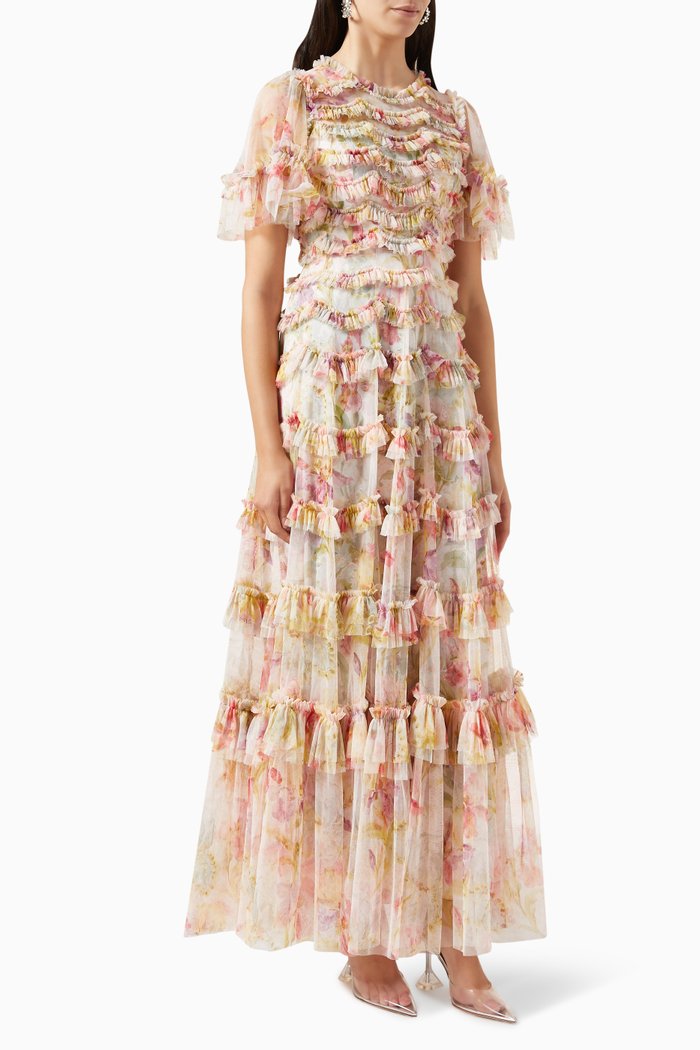 

Iris Floral-print Ruffled Gown in Tulle, Neutral