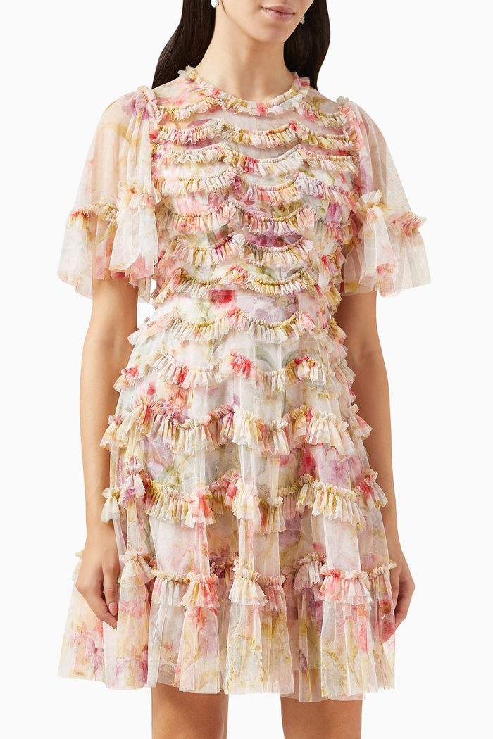 

Iris Floral-print Ruffled Mini Dress in Tulle, Neutral