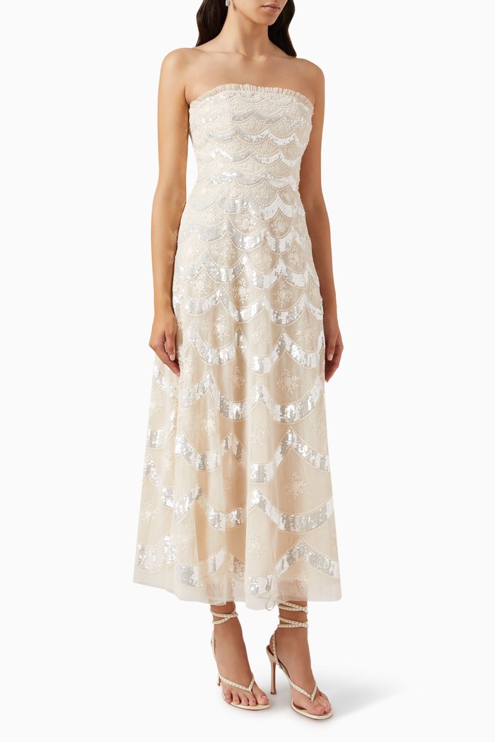 

Fifi Strapless Sequin-embellished Ankle Gown in Recycled Tulle, Neutral
