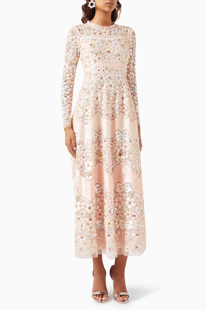 

Laelia Floral Sequin-embellished Ankle Gown in Recycled Tulle, Orange