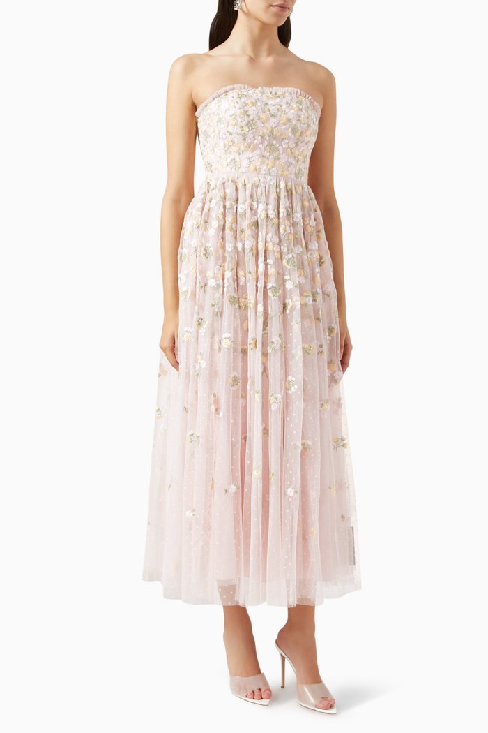 

Wildflower Ditsy Strapless Maxi Gown in Tulle, Pink