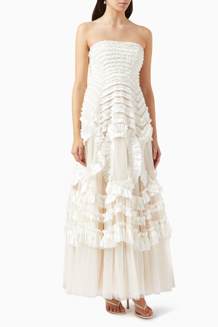 

Hyacinth Strapless Gown in Recycled Tulle, Neutral