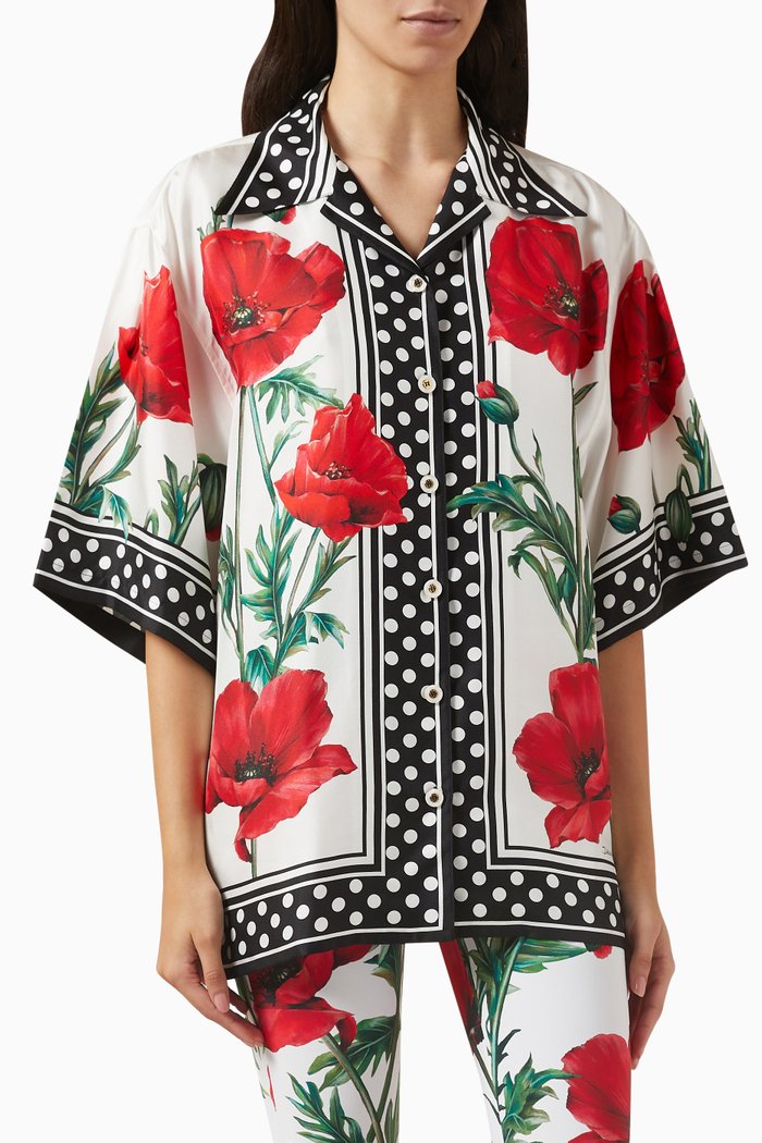 Poppy-print Shirt in Silk Twill, Multicolour