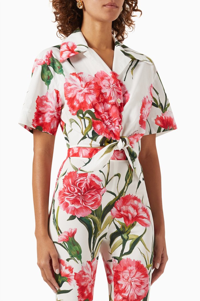 

Carnation-print Knotted Crop Shirt in Cotton-poplin, Multicolour