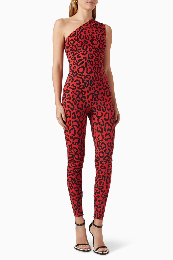 

One-shoulder Leopard-print Jumpsuit in Jersey, Red
