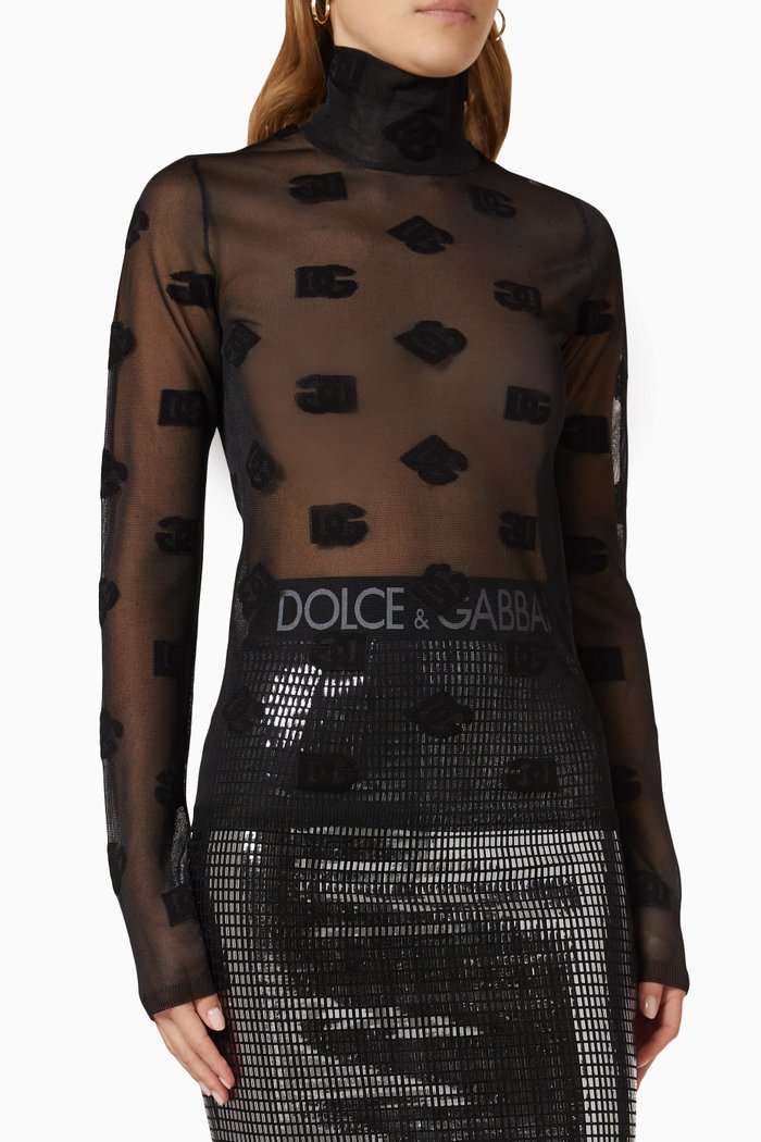 

Sheer Logo Turtleneck Top in Tulle, Black