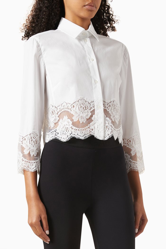 

Lace-trimmed Crop Shirt in Cotton-poplin, White