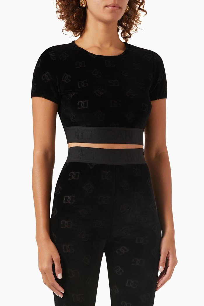 

All-over Logo Crop T-shirt in Flocked-jersey, Black