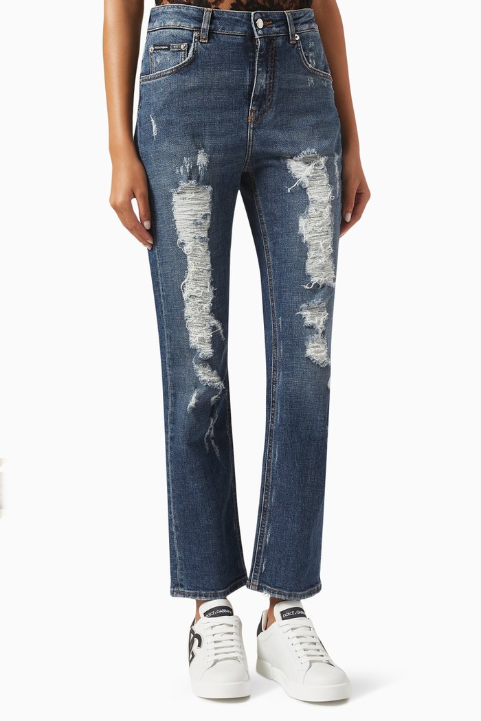 

Ripped High-rise Boyfriend Jeans, Blue