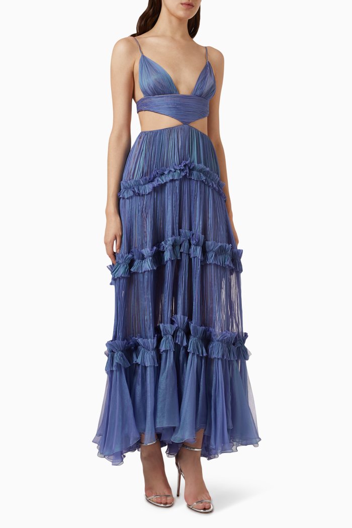 

Elaine Pleated Maxi Dress in Silk, Blue
