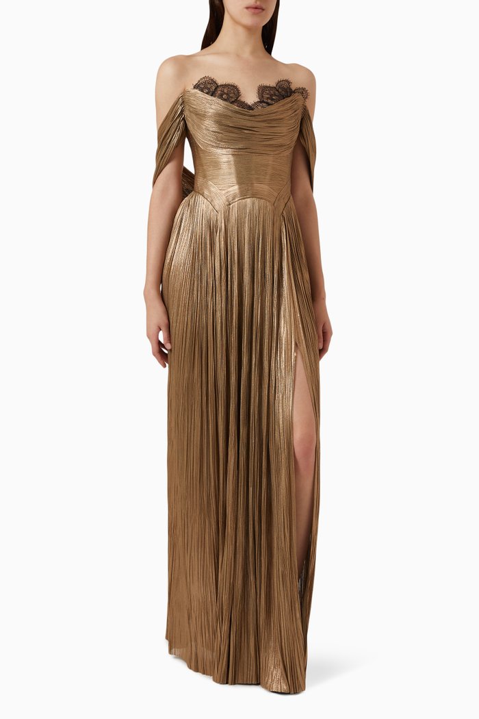 

Tasia Pleated Maxi Dress in Silk, Gold